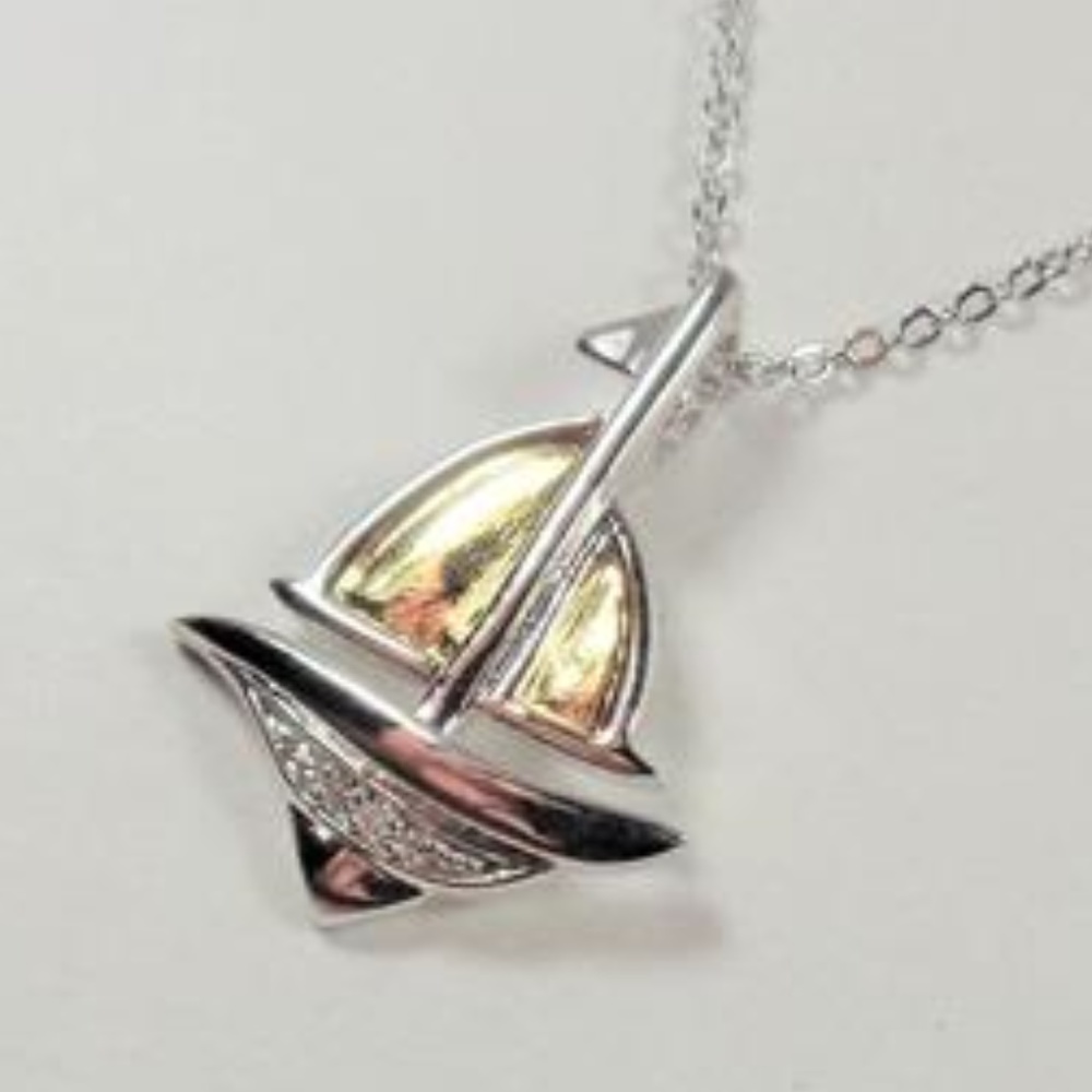 NAUTICAL GOLD & SILVER TONE SAILBOAT CZ NECKLACE